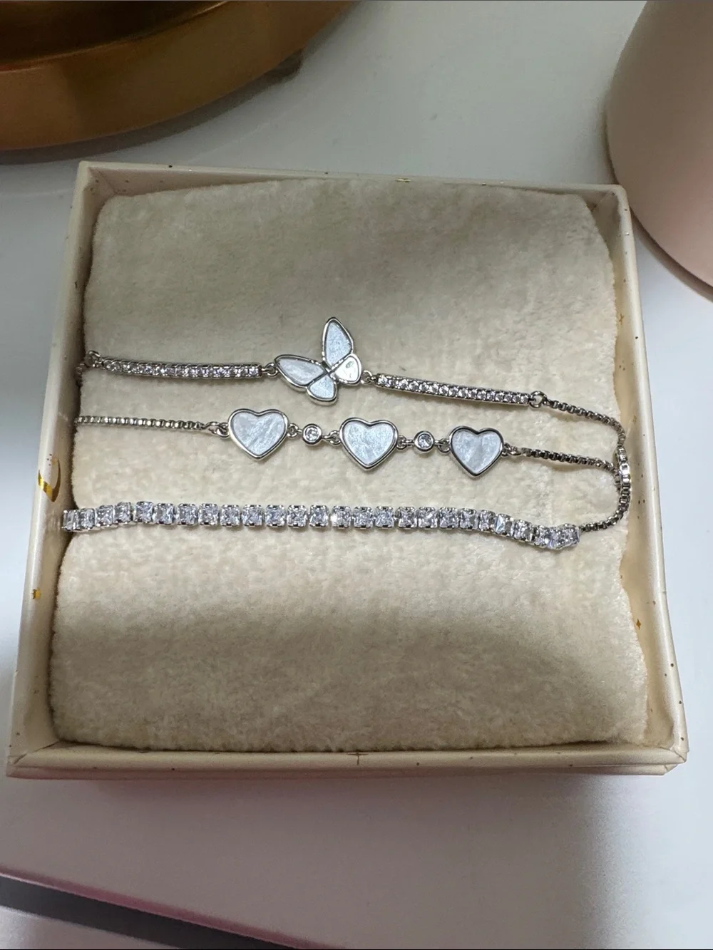 Silver Tone Butterfly & Heart Layered Bracelet Set - White Inlay